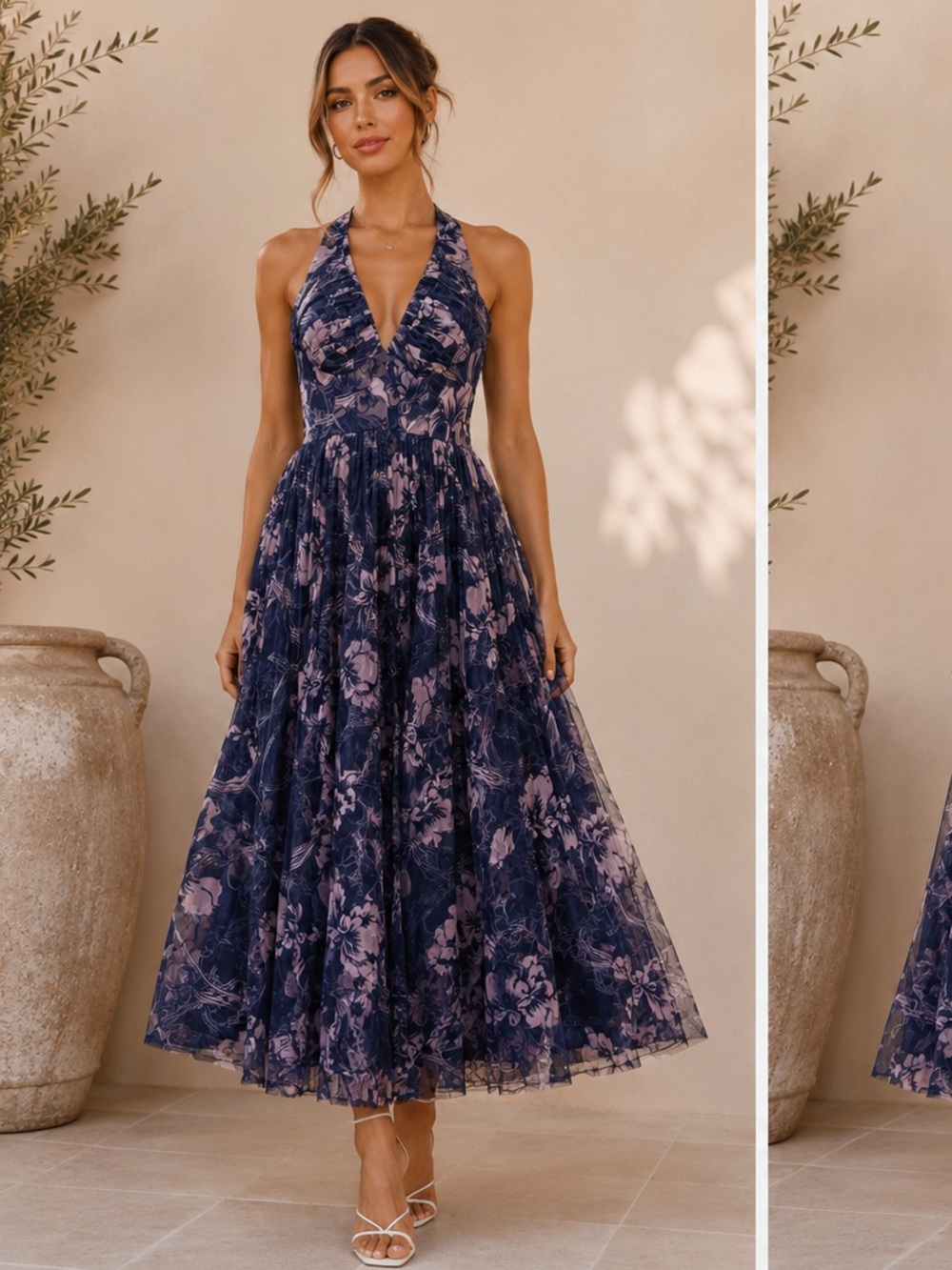 hutch eliana blue & pink floral v-neck pleated tulle maxi gown dress size small